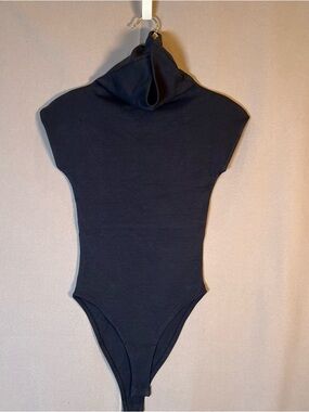 Zara Black Bodysuit SzM Cap Sleeve High Neck Stretch NWT